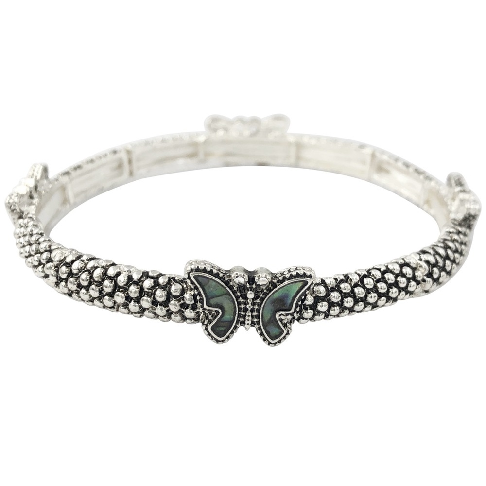 Butterfly Abalone Shell Inlay Silver Tone Stretch Bracelet